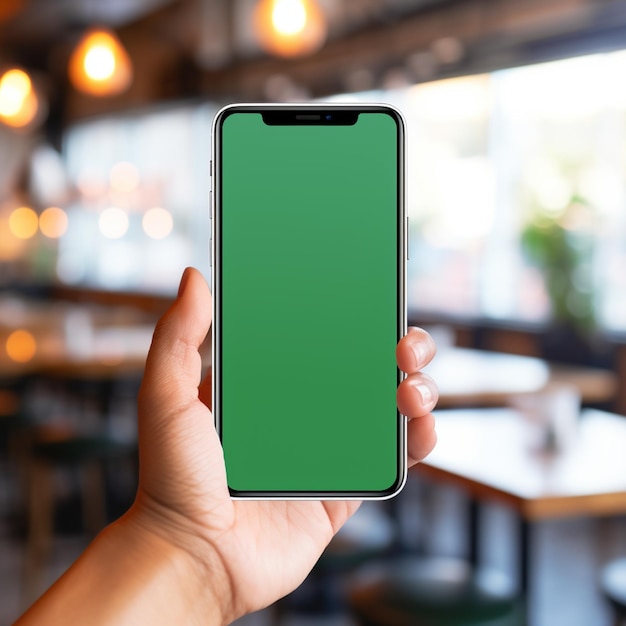 Vrouwen met een smartphone in de hand met een leeg, heldergroen achtergrond van een café.