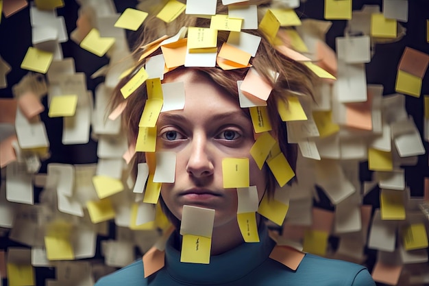 Vrouwen met hun gezicht bedekt met postit-biljetten.