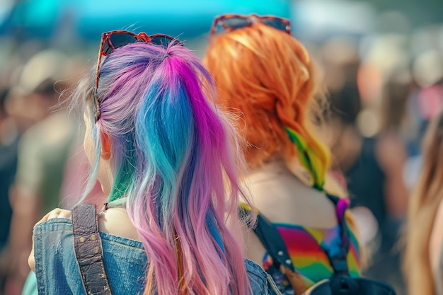 Vrouwen met kleurrijk haar staan samen