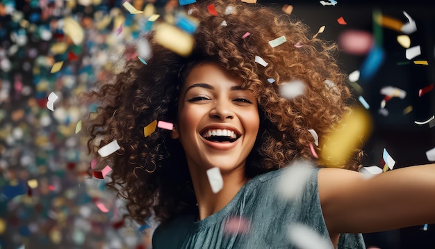 vrouwen met krullend haar dansen in confetti op een feestje