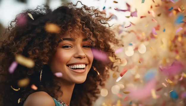 vrouwen met krullend haar dansen in confetti op een feestje