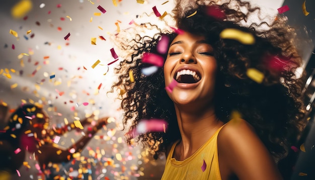 vrouwen met krullend haar dansen in confetti op een feestje