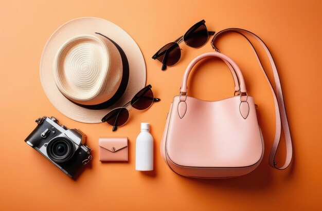 vrouwen mode accessoires handtas hoed en zonnebril op perzik kleur achtergrond flatlay top view