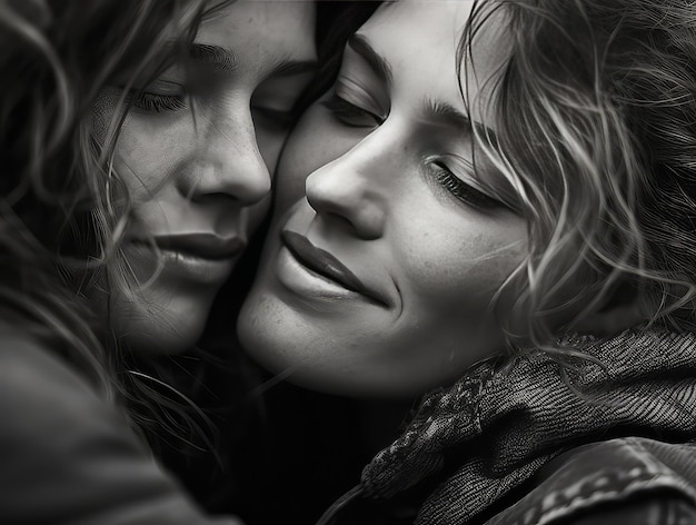 Vrouwen omhelzen extreme close-up zwart-wit foto