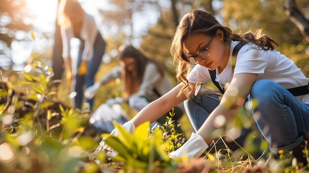 Vrouwen planten bloemen en bomen in de tuin