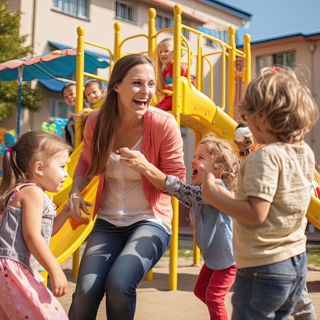 vrouwen spelen met kinderen op de speelplaats van de kleuterschool