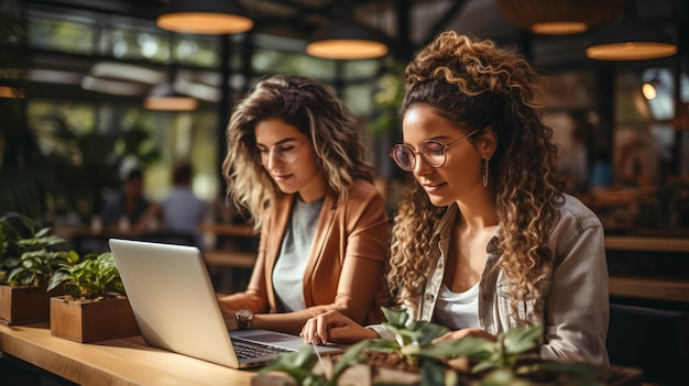 Foto vrouwen van bedrijven die op kantoor werken aan een laptop en aan een tafel zitten