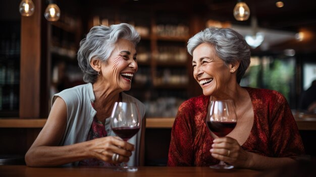 Vrouwen van middelbare leeftijd die zich vermaken in een bar die wijn drinkt Gemaakt met generatieve AI-technologie