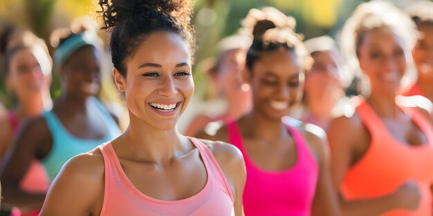 Vrouwen van verschillende leeftijden en rassen verbinden zich door een leuke Zumba-les Concept Zumba-klasse Vrouwen Empowerment Diversiteit en Inclusie Fitness Leuke Gemeenschapsbinding