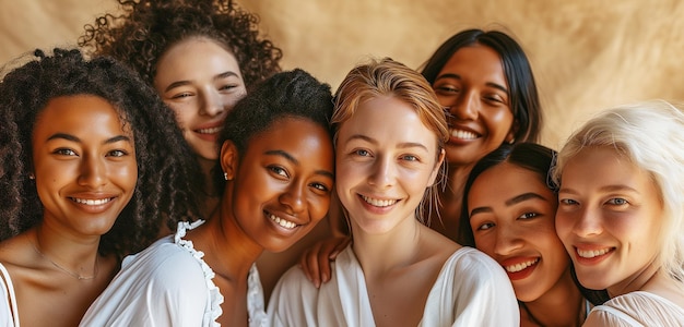 Foto vrouwen van verschillende nationaliteiten en rassen in witte kleren samen op beige diversity concept