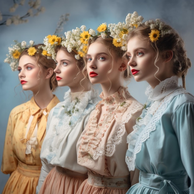 Vrouwen versierd met zonnebloemen in het haar