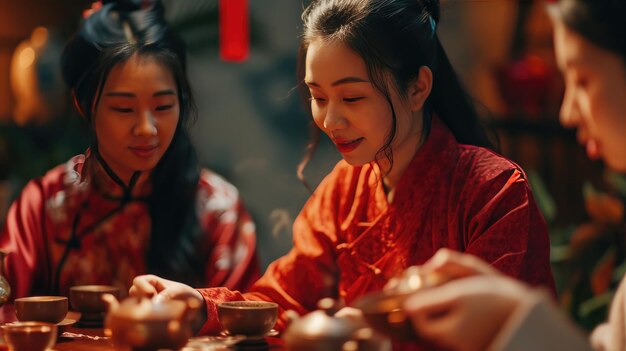 Foto vrouwen verzameld rond tafel met voedsel chinees nieuwjaar