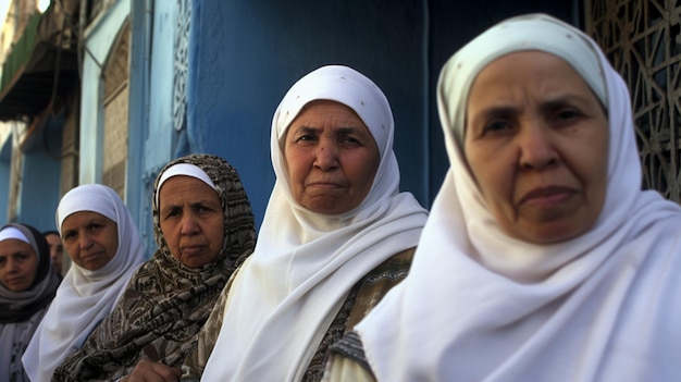 Vrouwen wachten in de rij voor een blauw gebouw in de oude stad Kashgar.