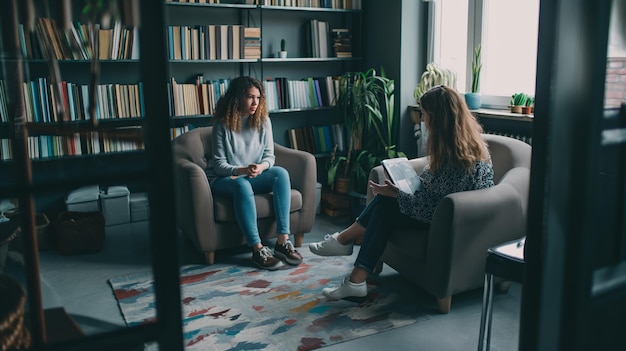 Foto vrouwen zitten in bibliotheekstoelen