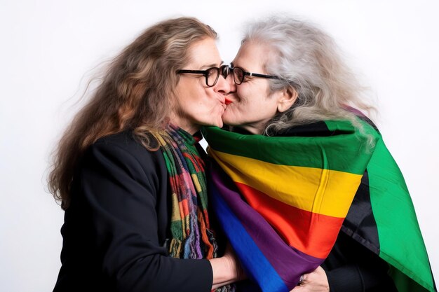 Vrouwen zoenen onder LGBTQ-vlag studio-opname witte achtergrond