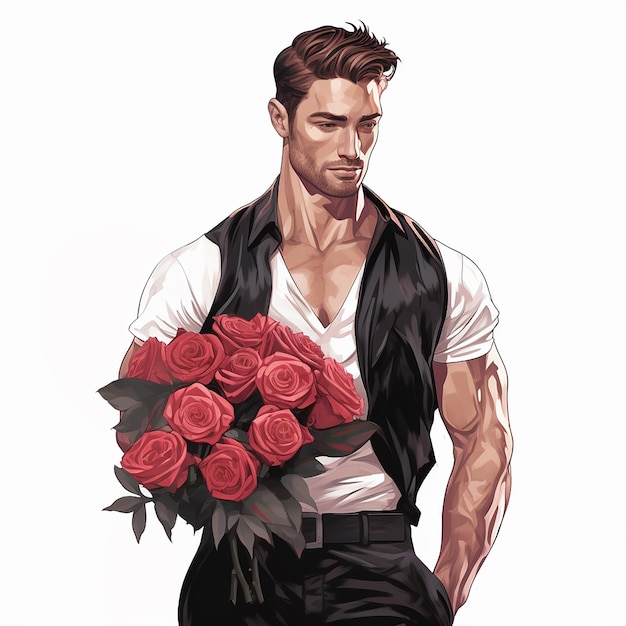 Vrouwendag een knappe brutale man met een groot boeket rozen in zijn handen illustratie op witte achtergrond