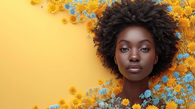 Vrouwendag Portret van een zwarte vrouw op een gele achtergrond omringd door bloemen vrije ruimte