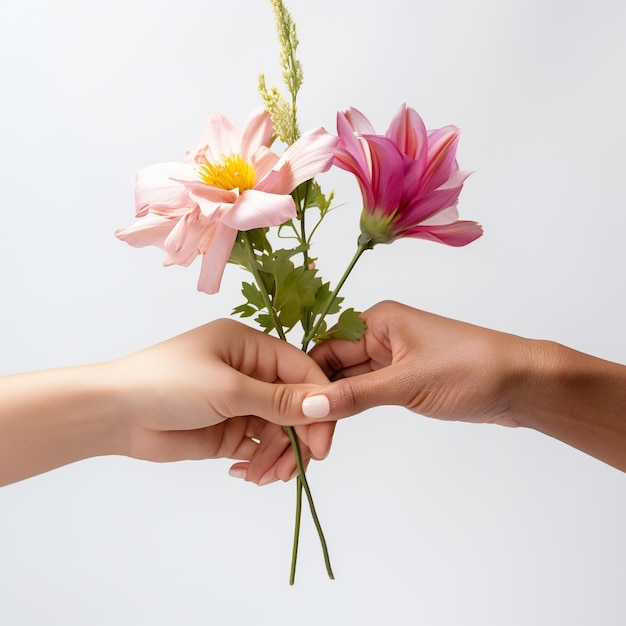 Vrouwendagconcept met twee handen die bloemen vasthouden op een witte achtergrond