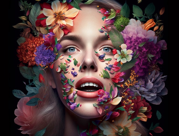 Vrouwengezicht bedekt met prachtige bloemen Generatieve AI