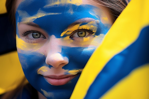 Vrouwengezicht beschilderd met Zweedse vlag die enthousiasme uitstraalt