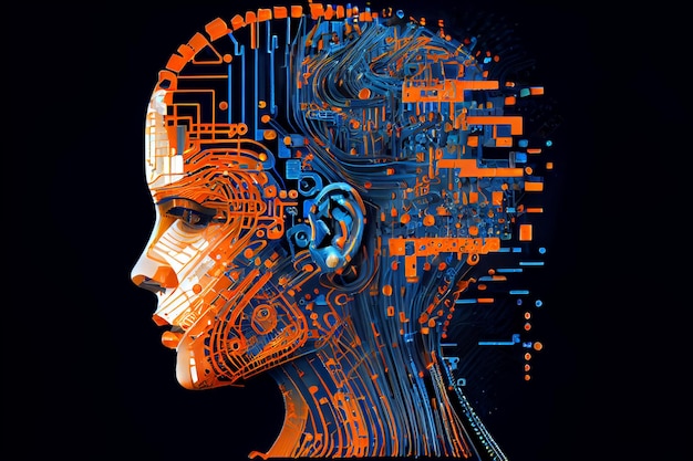 Vrouwengezicht gemaakt van computercircuits Generatieve AI