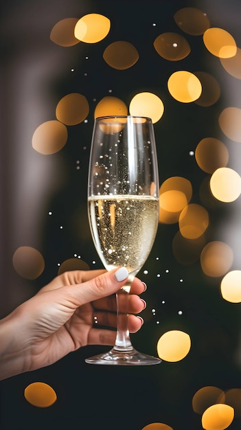 Vrouwenhand die een glas champagne houden Kerstviering AI gegenereerd beeld