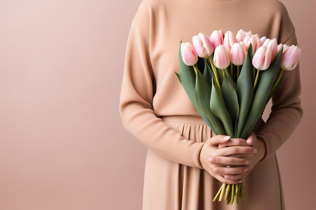 Vrouwenhand houdt een voorjaarsboeket bloemen vast voor Vrouwendag