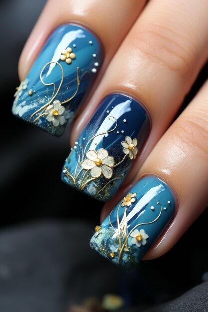 Foto vrouwenhand met blauwe manicure en bloemen