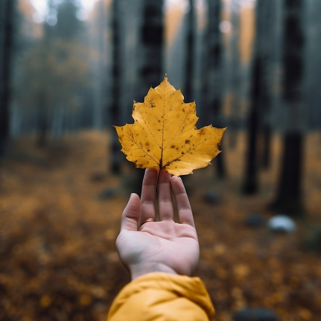 Vrouwenhand met geel herfstblad op achtergrond Generatieve AI