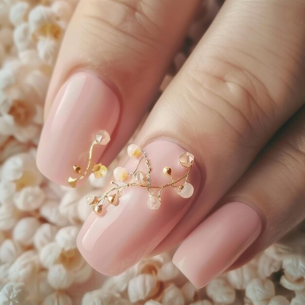 Vrouwenhand met roze manicure en gouden ring