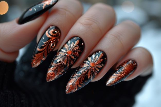 Vrouwenhand met zwarte en oranje manicure