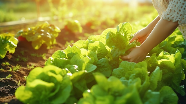 Vrouwenhanden die groene sla in moestuin plukken Generatieve AI