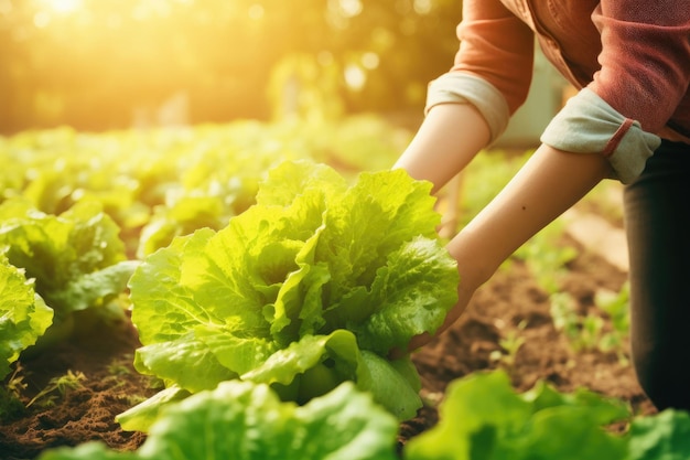 Vrouwenhanden die groene sla in moestuin plukken