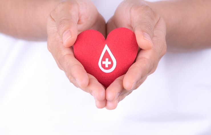 Vrouwenhanden die rood hart met document teken op rood hart voor bloeddonatieconcept houden.