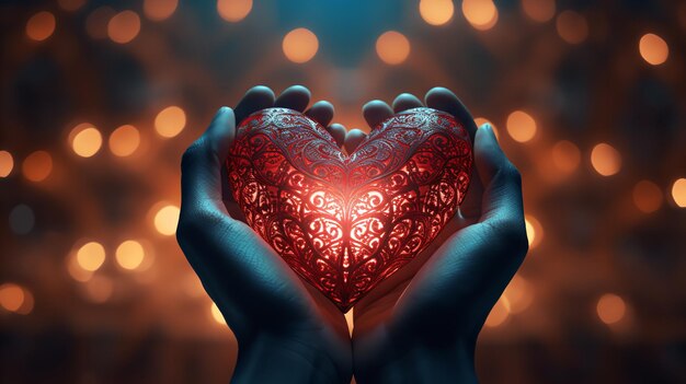 Vrouwenhanden houden een gloeiende lichtvorm vast van een liefdeshart Valentijnsdagbanner Generatieve AI