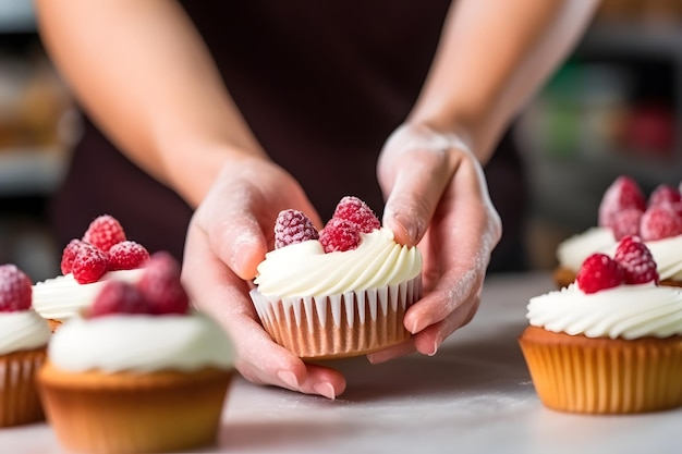 Vrouwenhanden van een banketbakker die cupcakes met frambozen versiert Patissier versiert de muf