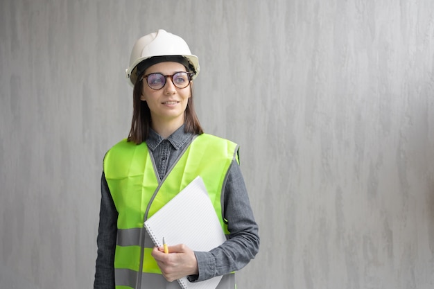 Vrouweningenieur in een witte helm en veiligheidsvest de ingenieur op de bouwwerf