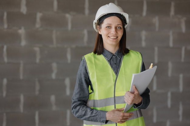 Vrouweningenieur in een witte helm en veiligheidsvest de ingenieur op de bouwwerf