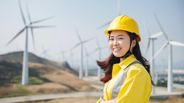 Vrouweningenieur in gele bouwvakker bij windmolenselektrische centrale