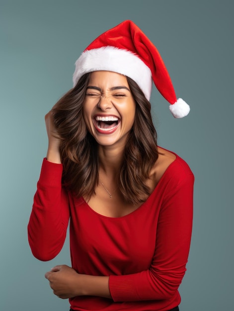 vrouwenportret met de hoed van de Kerstmiskerstman gelukkige meisjeslach op geïsoleerde achtergrond