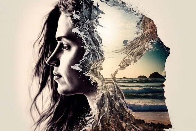 Vrouwenportret met dubbele belichting met de oceaangolf voor een rustige geest