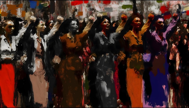 Vrouwenrechtenactivisten marcheren met opgeheven vuisten uit protest op Internationale Vrouwendag