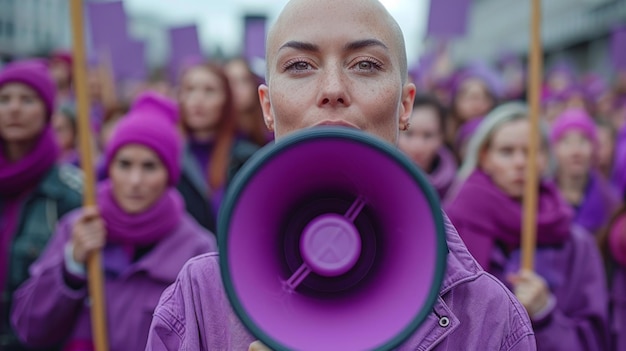 Foto vrouwenrechtendemonstranten kalve vrouw met paarse luidspreker