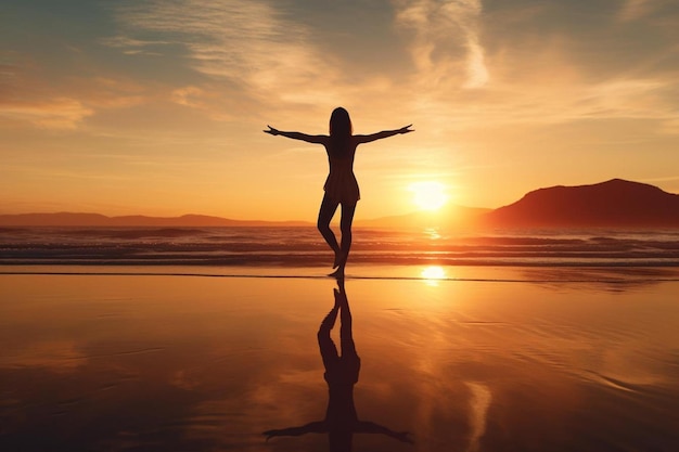 Foto vrouwensilhouet op een strand met de ondergaande zon achter haar