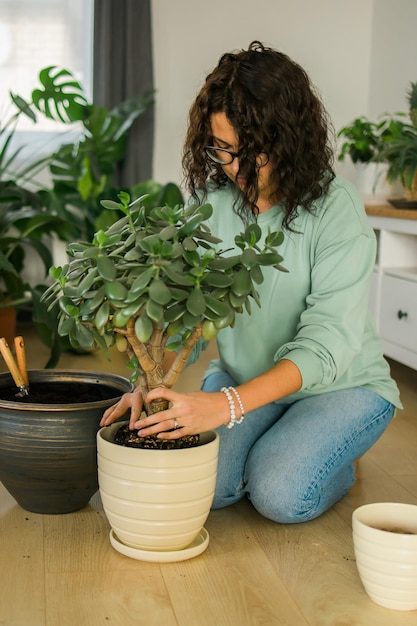 Vrouwentuinman die groene installaties in ceramische potten op de vloer overplanten Concept huistuin en potplanten