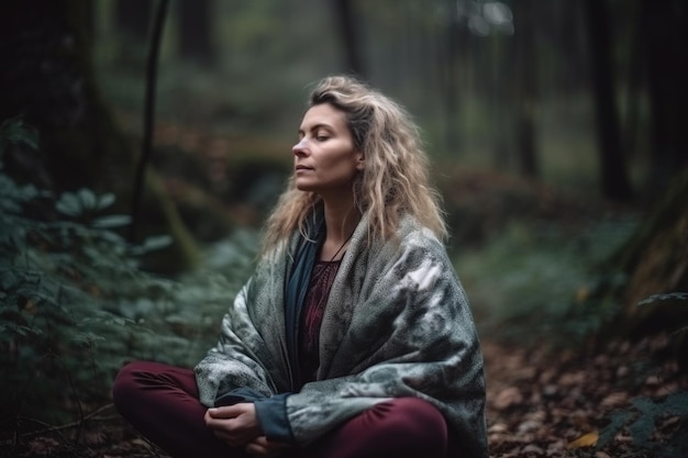 Vrouwenyoga en buitentraining om lichaam, geest en ziel in de natuur te ontspannen, gemaakt met generatieve AI