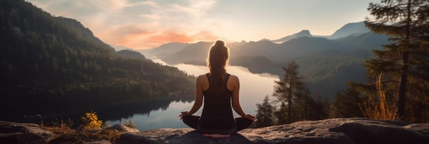 Vrouwenyoga in de bergmeditatie en ontspannen in een berg