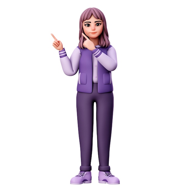 Vrouwkarakter met paarse kleren die naar de linkerbovenkant wijzen met behulp van beide hand 3D Render