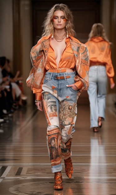 Vrouwmodel loopt over de catwalk in oranje en witte broek en jas AI gegenereerde AI generatieve AI generatieve