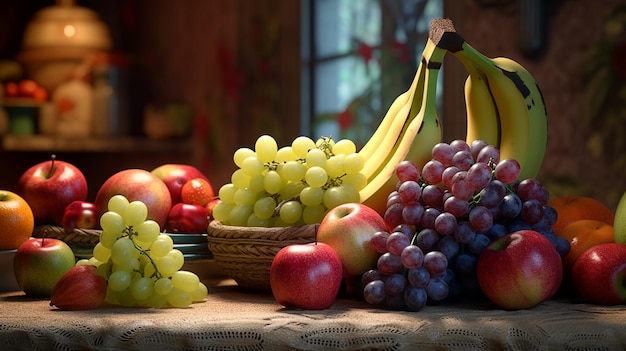 Vruchten, bananen, appels, druiven op tafel tegen de achtergrond van de keuken. Mooie foto.